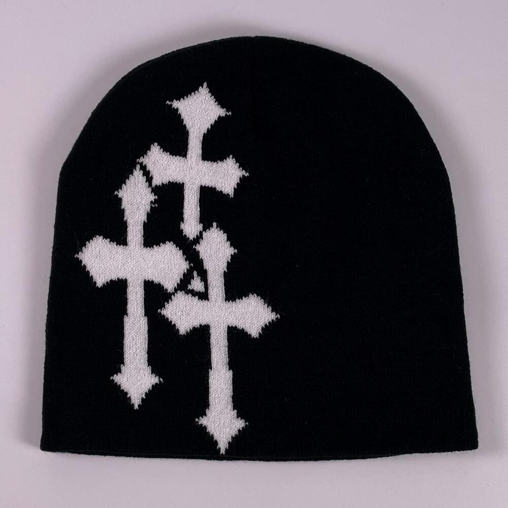 Y2K Triple Cross Knit Beanie | Black and White Gothic Cross Skull Cap | Grunge S